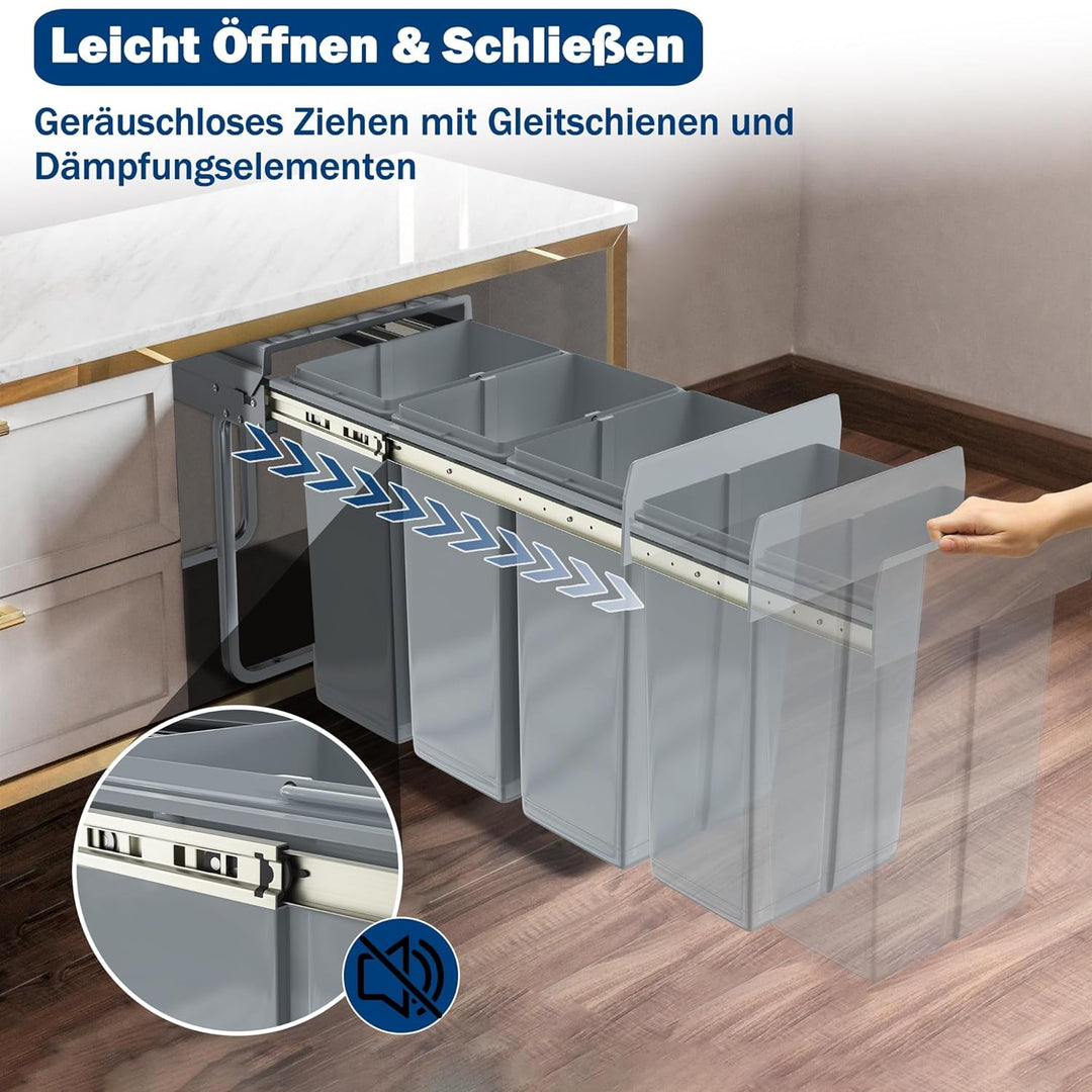 UISEBRT 3x10L Mülleimer Küche Unterschrank,Ausziehbar Mülltrennsystem mit Rutsche Kunststsoff,Einbau