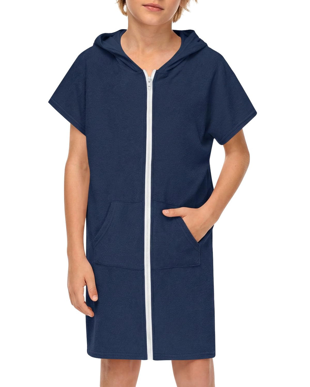 BesserBay Mädchen Badeponcho Kapuze Poncho mit Taschen Zip Cover Up Kinder Unisex 120-160 130 Navy,