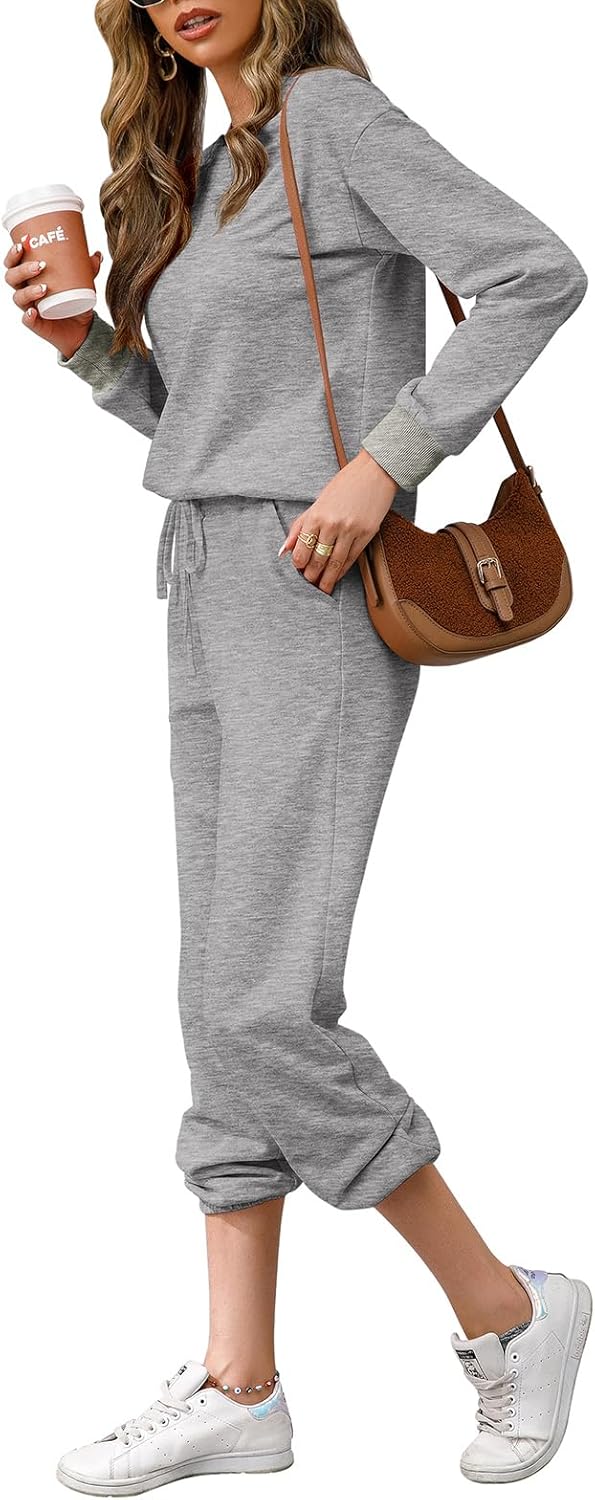 REORIA Damen Tracksuit Langarm Rundhalsausschnitt Einfarbig Zweiteiler Outfit Hoodie Jogger Training