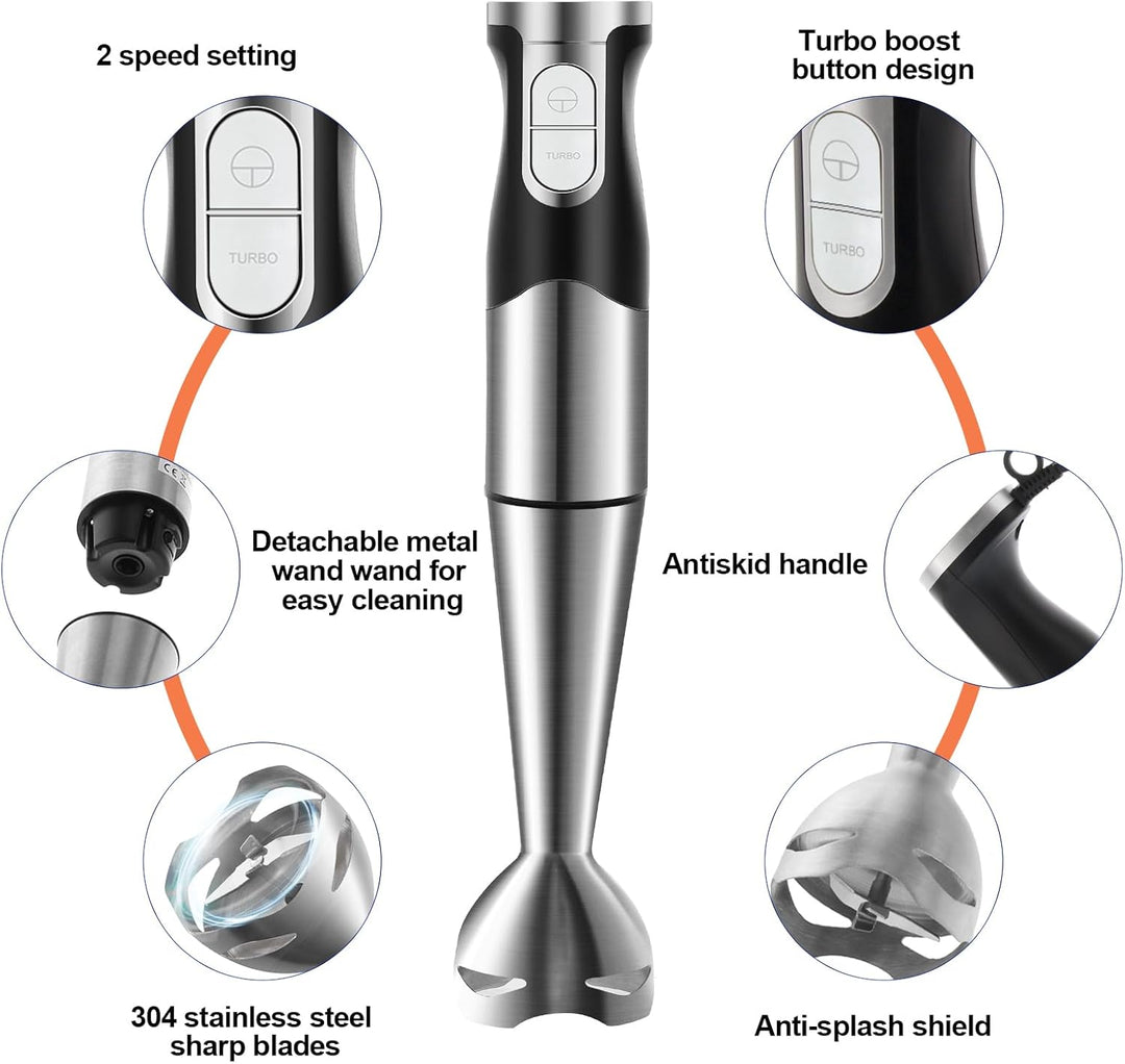 NWOUIIAY Handmixer Stabmixer Elektrischer 6-in-1 1200W Edelstahl Pürierstab mit 600ml Messbecher,Ede