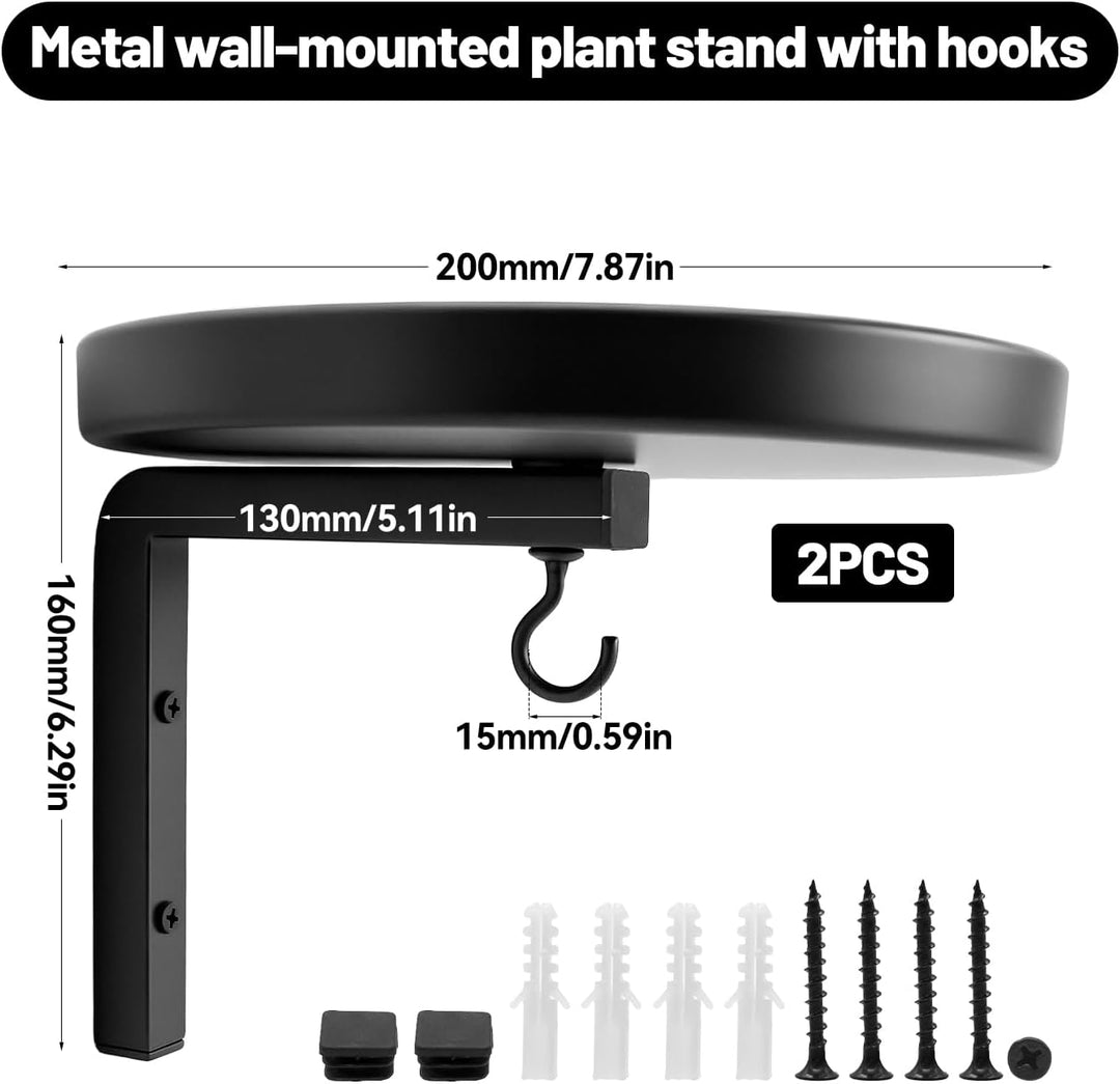 2 Stück Pflanzenständer Pflanzenregal, 20cm Blumenständer Metall Schwarz Wand mit Haken Pflanzenrega