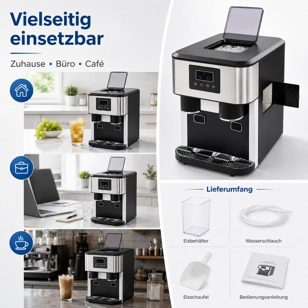 ‌3-in-1 Eismaschine mit Crushed Ice & Kaltwasser, 600g/16 Eiswürfel, 7-9 Min Schnellbereitung, LCD-D