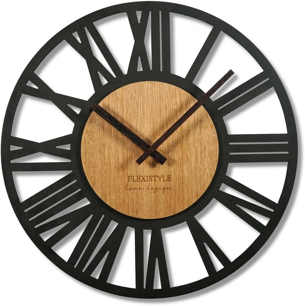 FLEXISTYLE Wanduhr gross Adulto 50cm Durchmesser LOFT Retro aus Holz Eiche ohne tickgeräusche Wohnzi