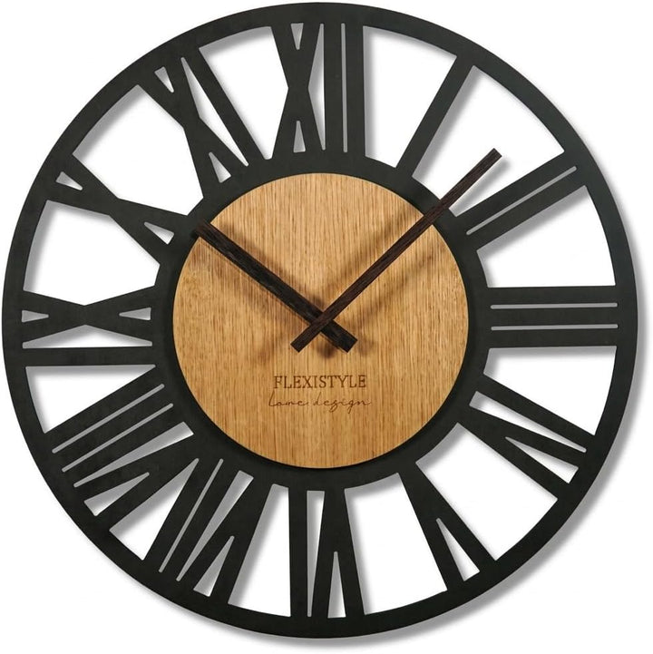 FLEXISTYLE Wanduhr gross Adulto 50cm Durchmesser LOFT Retro aus Holz Eiche ohne tickgeräusche Wohnzi