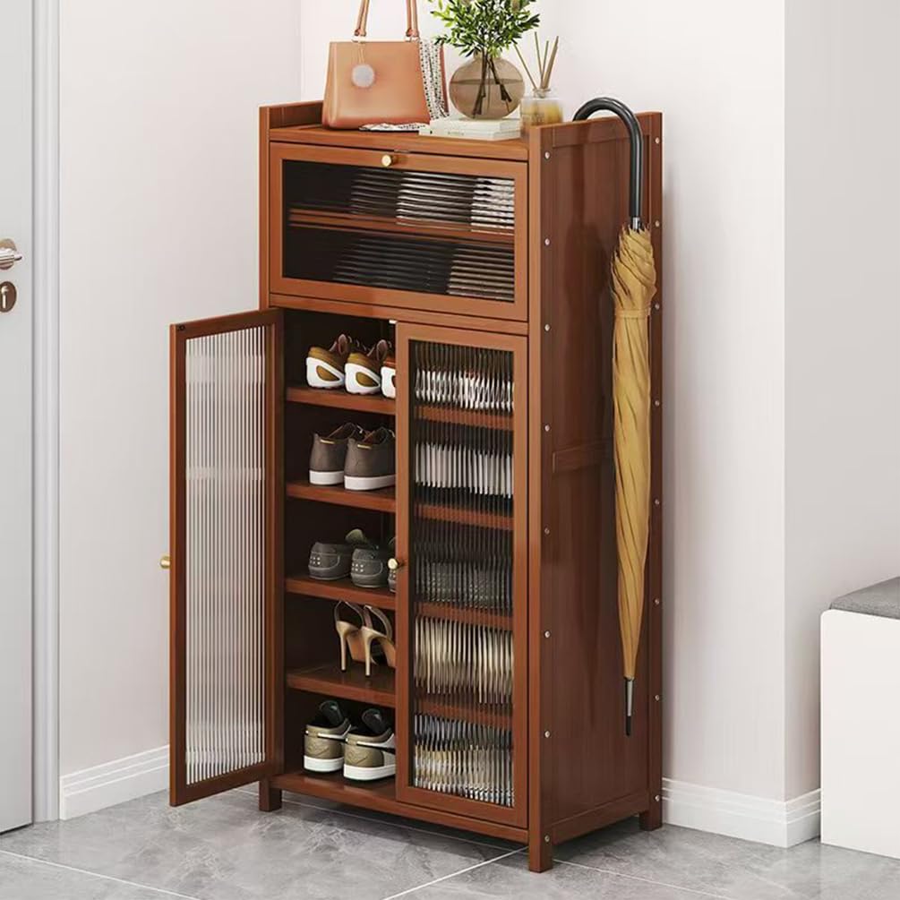 Generisch Schuhschrank Holz mit Korbgeflecht-Türen, Moderner Bambus Schuhschränke, Schuhregal mit St
