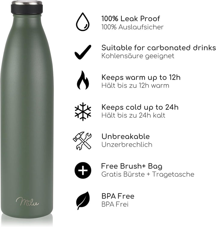 Milu Edelstahl Trinkflasche 350ml 500ml 750ml 1L 1,5L Thermosflasche Isolierte Wasserflasche Auslauf