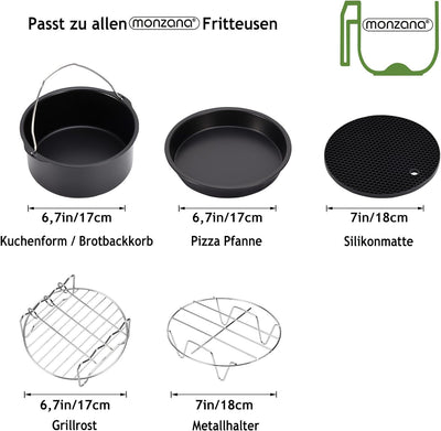 Monzana Heissluftfritteuse Zubehör 8tlg. Fritteuse Set inkl. Brotbackkorb 3,6L Pizzapfanne Silikonpf