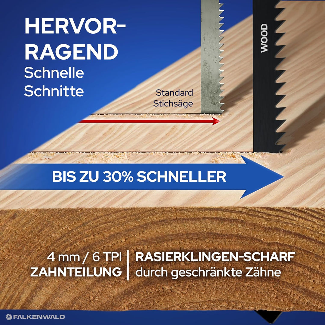 FALKENWALD® Stichsägeblätter Holz 10x T744D – Extra Lang 180mm - Für tiefe Schnitte bis 135mm - T-Sc