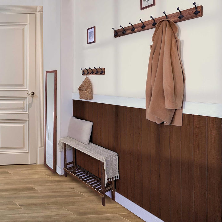 WEBI Garderobenleiste Holz,Wandgarderobe mit 5 Haken Gusseisen,Garderobenhaken Wand Garderobe Hakenl