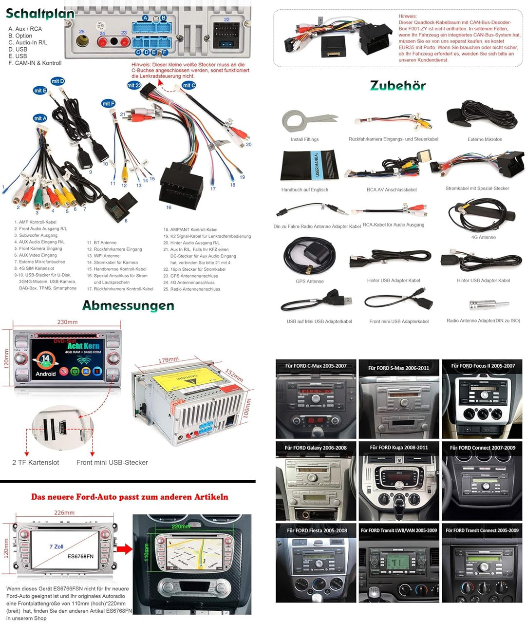 Acht-Kern Android 14 DAB+ Autoradio Für Ford Focus II C/S-Max Galaxy Kuga Transit Connect Fiesta mit