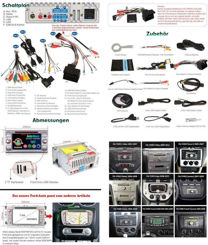 Acht-Kern Android 14 DAB+ Autoradio Für Ford Focus II C/S-Max Galaxy Kuga Transit Connect Fiesta mit