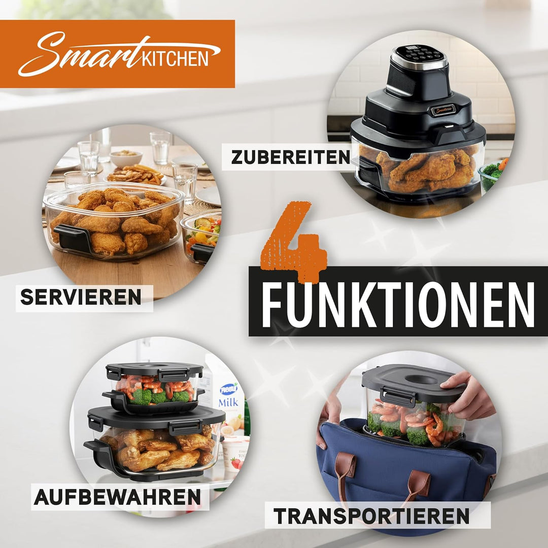 Smart Kitchen Glas-Heissluftfritteuse 4-in-1 – Air Fryer für Backen, Recrisp & Max Crisp – 4 L + 1,5