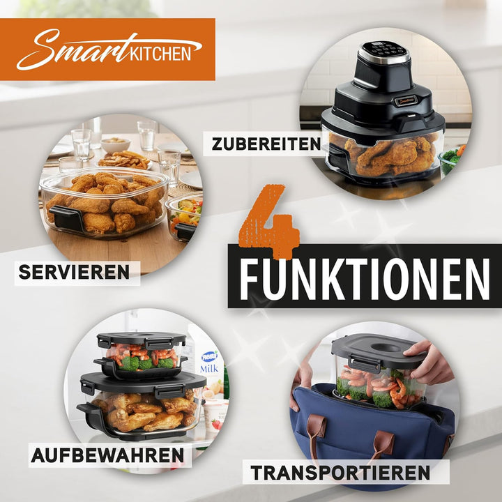 Smart Kitchen Glas-Heissluftfritteuse 4-in-1 – Air Fryer für Backen, Recrisp & Max Crisp – 4 L + 1,5