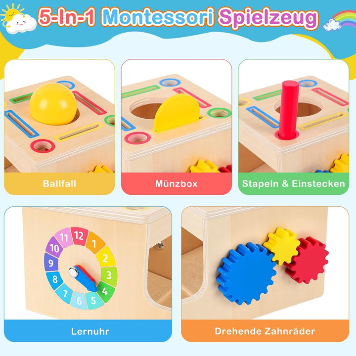 Montessori Spielzeug ab 1 Jahr, 5-in-1 Holz Objektpermanenz Box Montessori Spielzeug ab 2 3 Jahre Ba