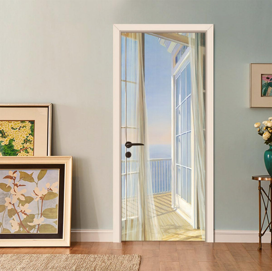 FLFK 3D Fenster Balkon Landschaft Türtapete Wandbilder Selbstklebend TürPoster Vinyl Entfernbar Maue