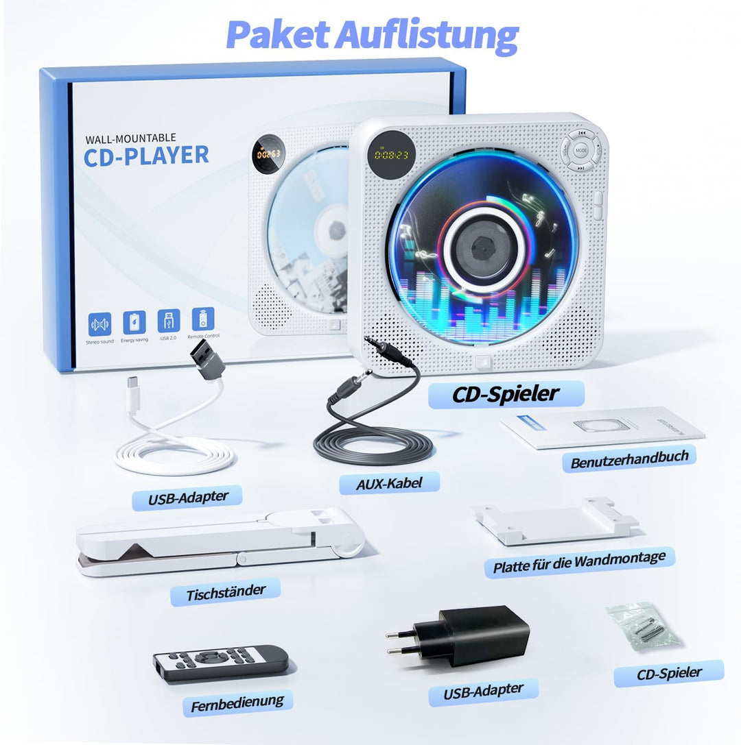 DESOBRY Tragbarer CD Player mit Bluetooth, Kleiner CD-Player für die Wandmontage mit Lautsprechern,
