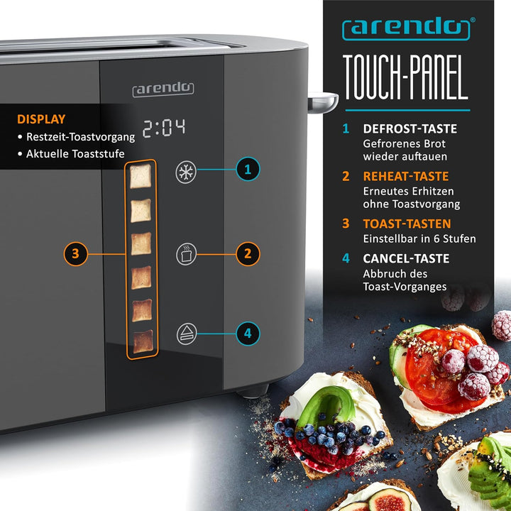 Arendo - Edelstahl Toaster 2 Scheiben Langschlitz - Touchscreen – Doppelwandgehäuse – Integrierter B