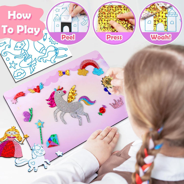 ZMLM Kunst Bastelaktivität Kinder, Folienspass Einhörner Prinzessinnen Sticker Bastelkoffer DIY Färb