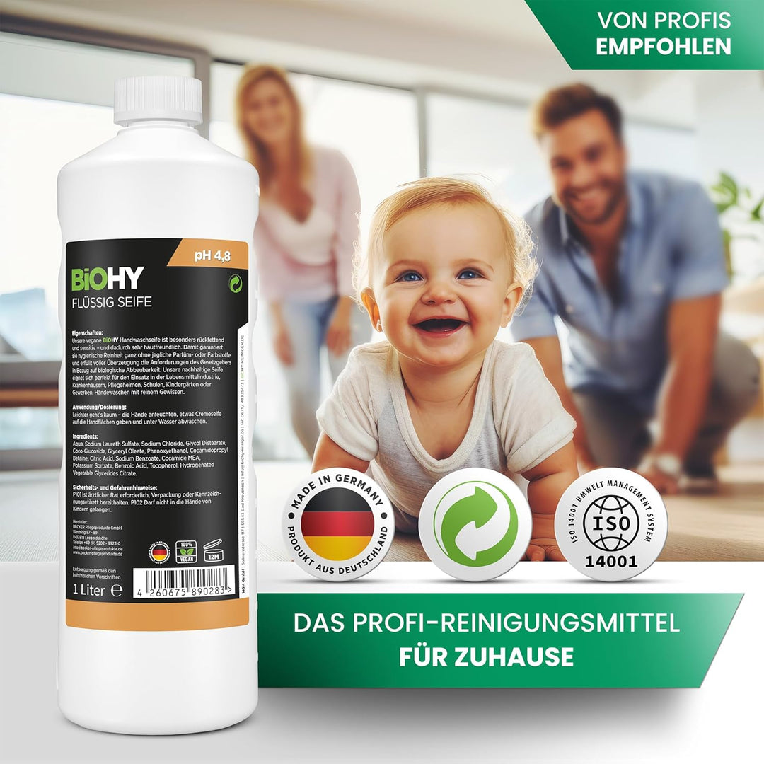 BiOHY Flüssig Seife (3 x 1 Liter) + Pumpspender | Hautschonende, rückfettende &amp; flüssige Handseife |