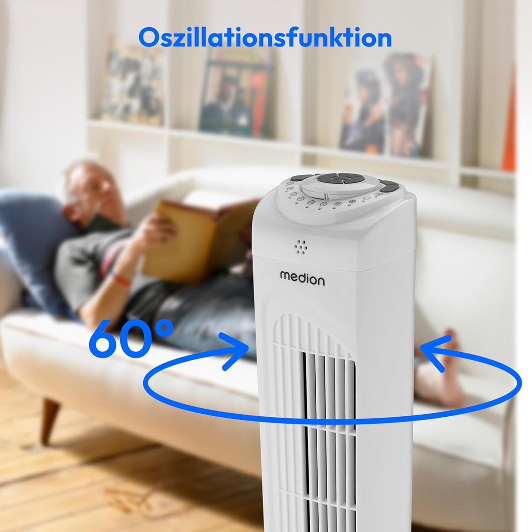 MEDION E11 TF Turmventilator mit Fernbedienung (3 Geschwindigkeitsstufen, leiser Schlafmodus, 45 Wat