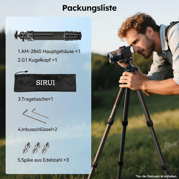 SIRUI Professionelles Carbon Fiber Stativ mit 43mm Flachkugelkopf, Max. 128cm Höhe, 20kg Traglast, U