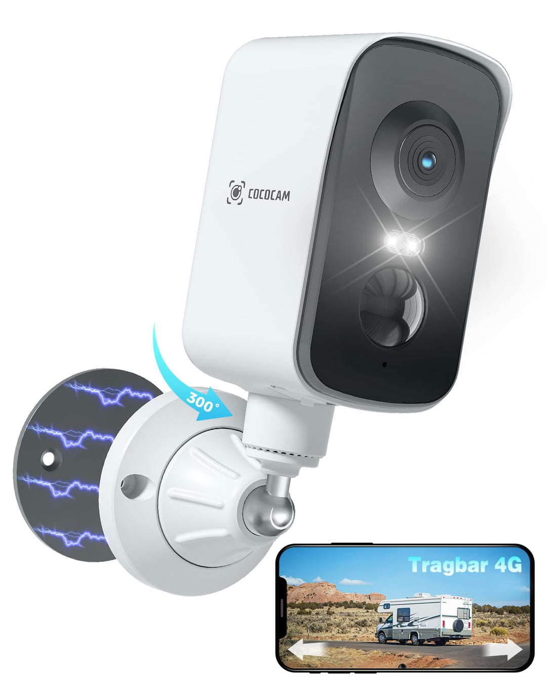 COCOCAM Tragbare Magnetische 4G Überwachungskamera mit SIM Karte Aussen/Innen, 2K kabellose Kamera f