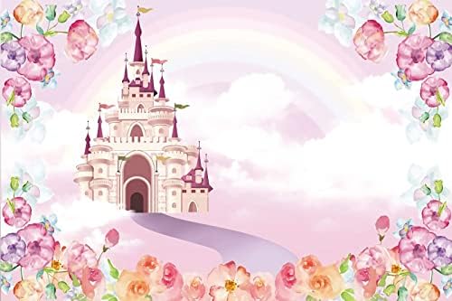 Renaiss 2.5x1.8m Rosa Schloss Hintergrund Blumen Regenbogen Wolke Märchen Fotografie Hintergrund Bab