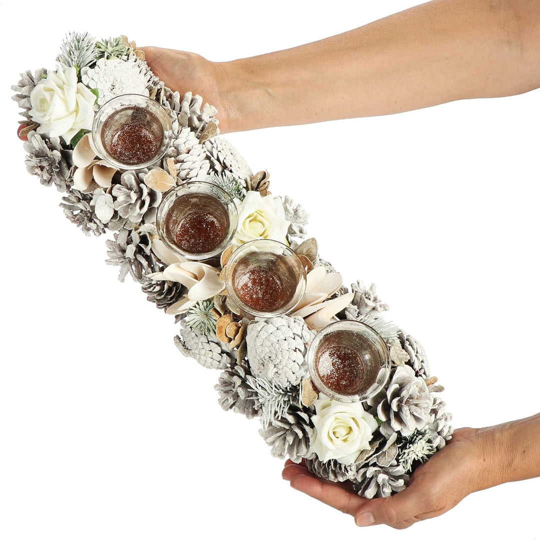 COM-FOUR® Adventskranz länglich, Kerzenständer Weihnachten für 4 Kerzen, Kerzenhalter, Adventsgestec