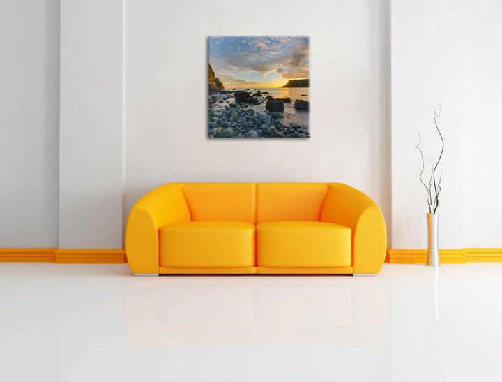 Felsen am Strand, Format: 70x70 auf Leinwand, XXL riesige Bilder fertig gerahmt mit Keilrahmen, Kuns