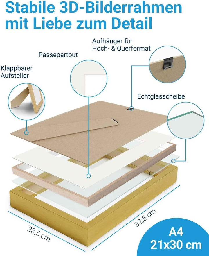 PHOTOLINI 3D Bilderrahmen zum Befüllen 21x30 A4 Gold, 1,5 cm tiefer Objektrahmen mit Glas, 2X tiefer