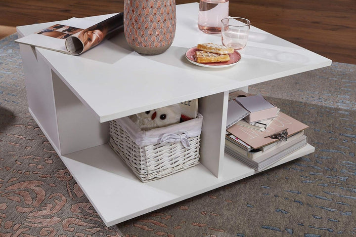 Couchtisch RAPIDO: 70x70x36,5 cm, 2 Schubladen, Rollen, Melaminharzbeschichtung, Weiss/Anthrazit Far