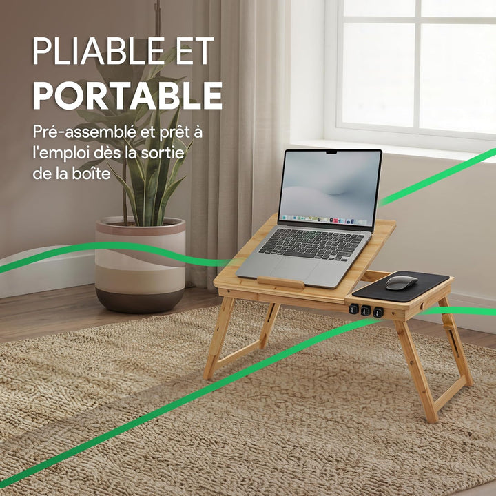 MOVADEK Laptoptisch aus Bambus, höhenverstellbar & klappbar, Betttisch & Notebooktisch mit Schublade