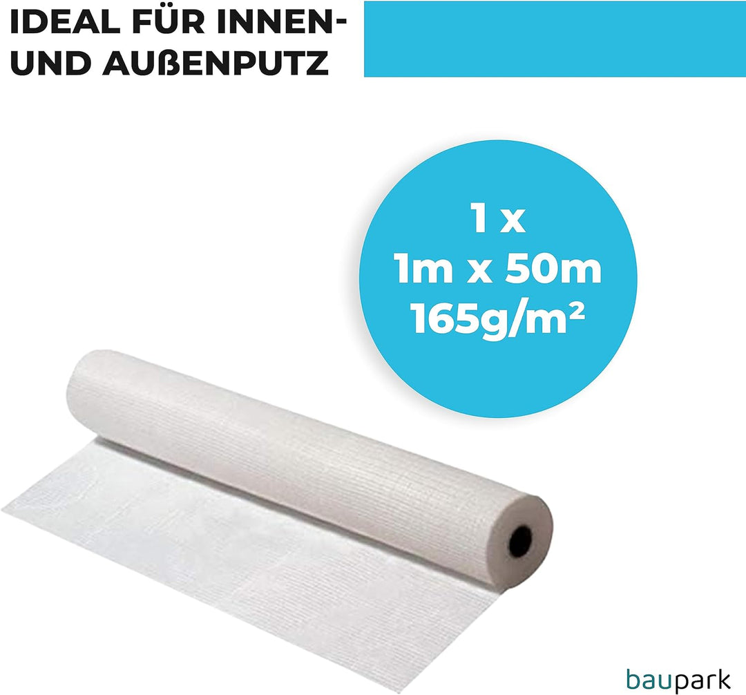Baupark24 - Armierungsgewebe Innen &amp; Aussen 1m x 50m - Flächengewicht 165 g/m² - Putzgewebe Weiss -