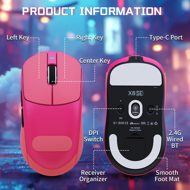 MAMBASNAKE X ATTACK SHARK X8SE 55g ultraleichte kabellose Gaming-Maus mit Band–25000 DPI,PAW3311 Sen