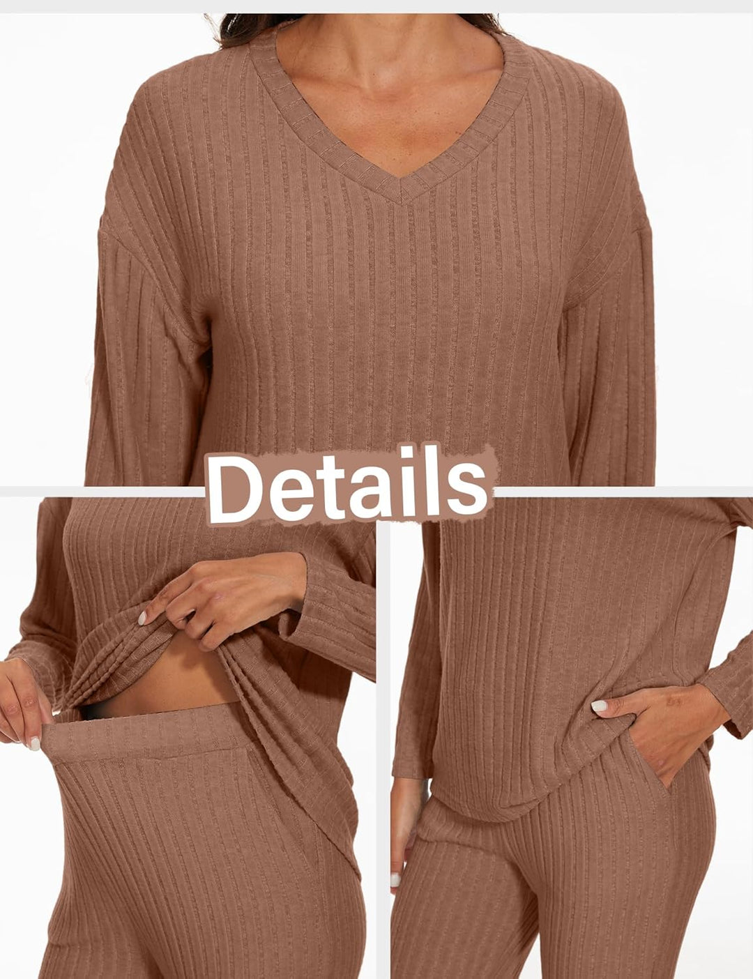Schlafanzug Damen Lang Zweiteiler Nachtwäsche Warm Pyjama Set mit V-Ausschnitt Top und Hosen mit Tas