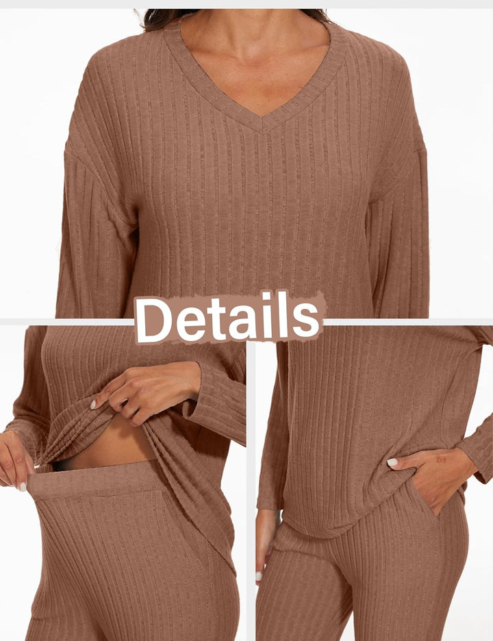 Schlafanzug Damen Lang Zweiteiler Nachtwäsche Warm Pyjama Set mit V-Ausschnitt Top und Hosen mit Tas