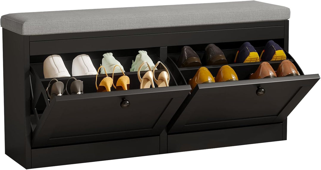 VOWNER Schuhschrank mit 2 Klappen, Schuhregal Schuhkipper Schmal, Sitzbank mit Sitzkissen, Verstellb