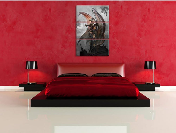 Pixxprint Drachenmann als Leinwandbild/Grösse: 3 Teilig (120x80) cm/Wandbild/Kunstdruck/fertig bespa