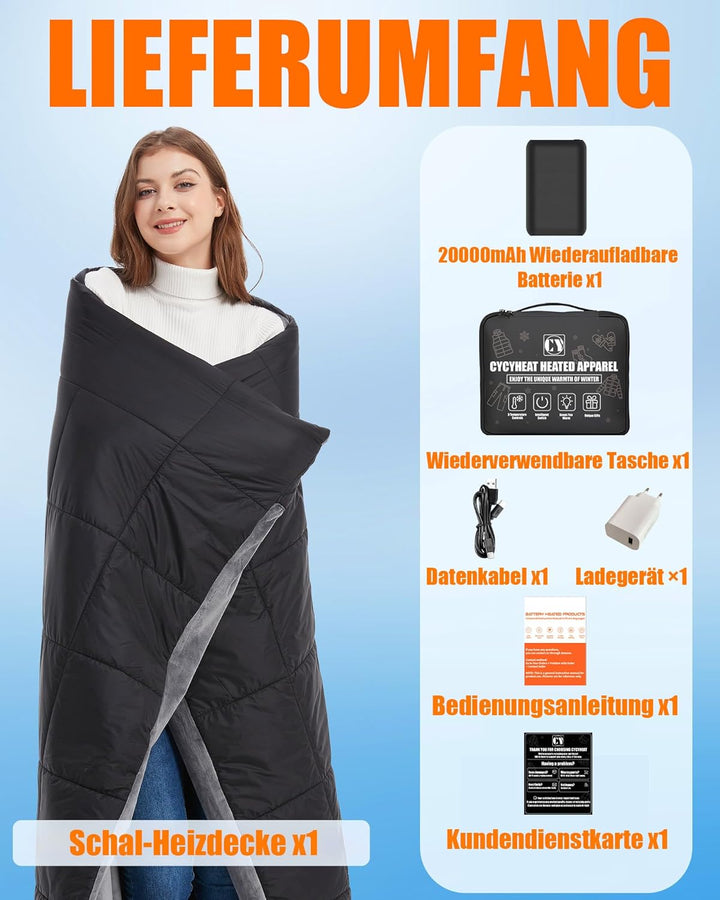 CYCYHEAT 20000mAh Heizdecke mit Akku Kabellose – Tragbare Wärmedecke mit Verbesserter 7,4V Batterie