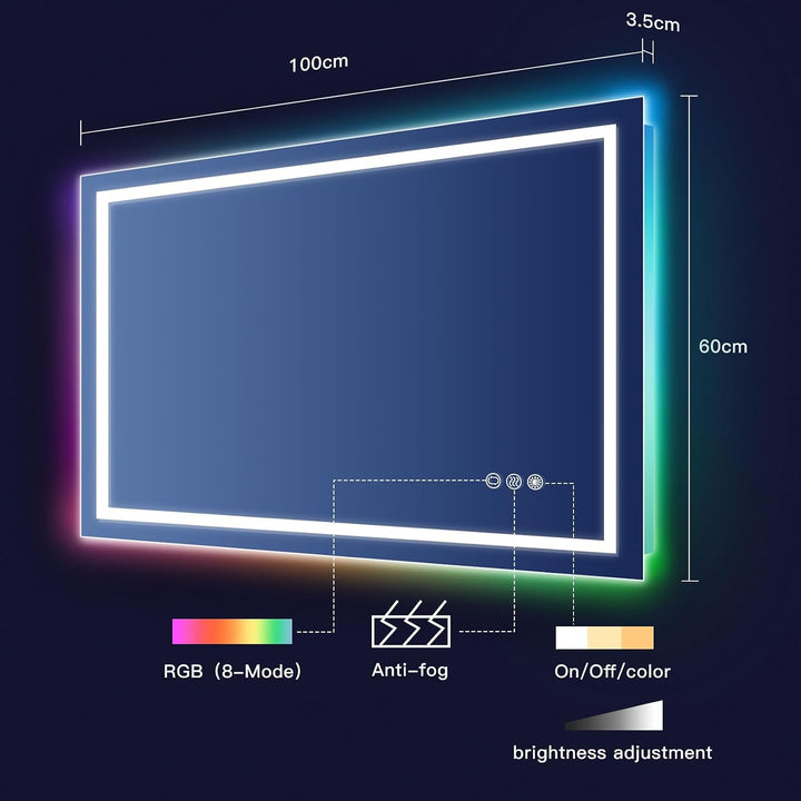Dripex Badspiegel mit Beleuchtung Led Spiegel mit RGB LED Streifen, Farbwechsel, Touch-Schalter, Dim