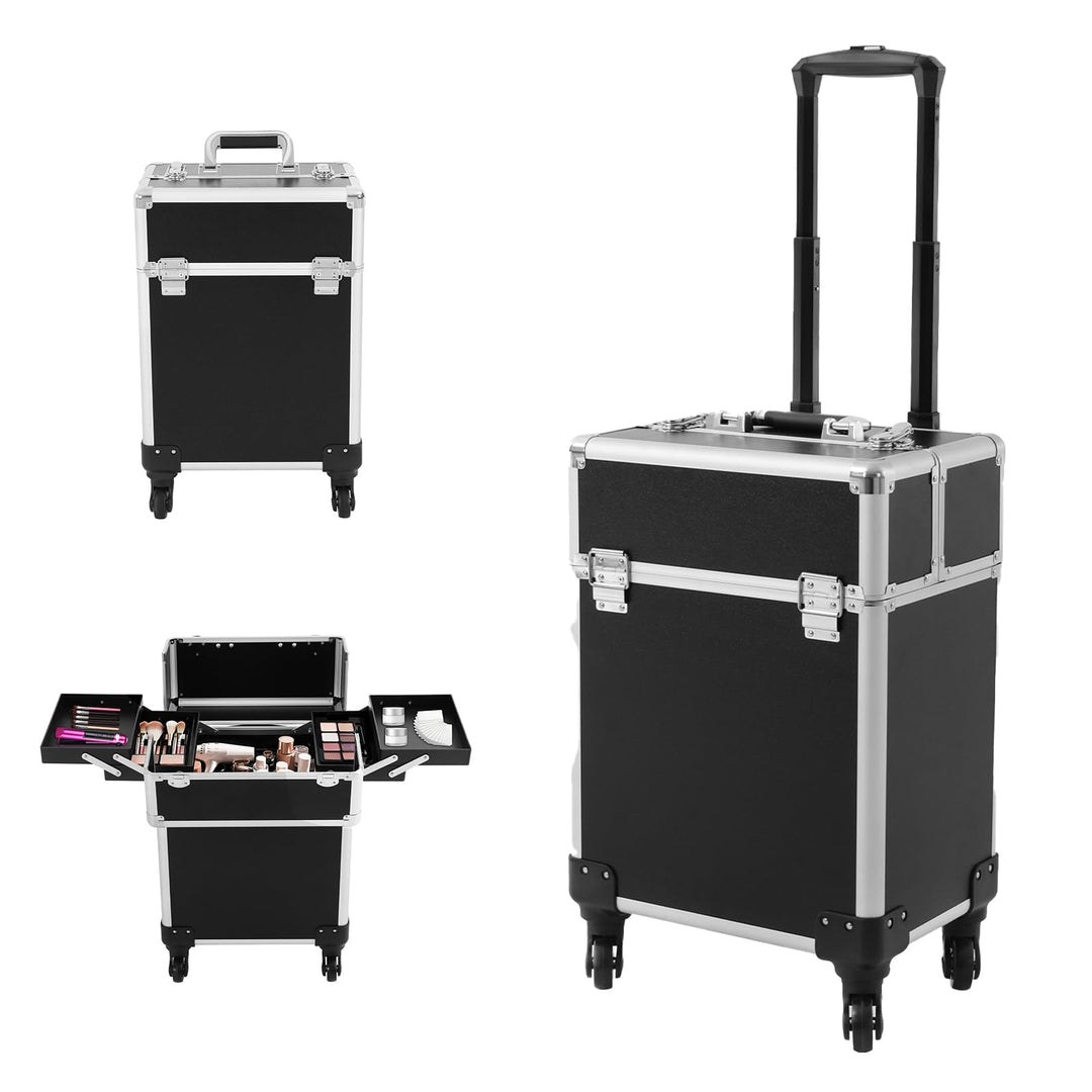 ACROSSPART Kosmetikkoffer Trolley, 3-in-1 Schminkkoffer mit Faltbares Tablett und Rädern, Multifunkt