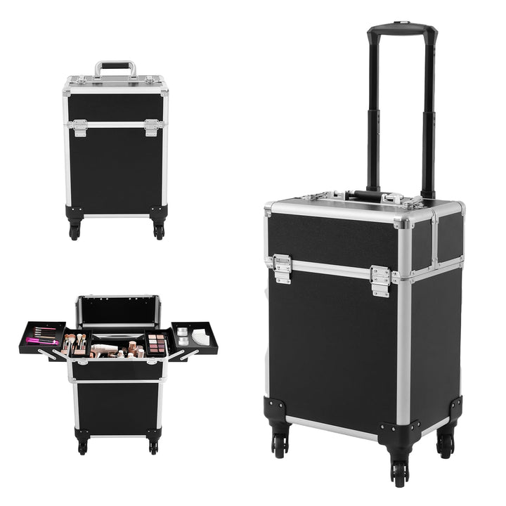 ACROSSPART Kosmetikkoffer Trolley, 3-in-1 Schminkkoffer mit Faltbares Tablett und Rädern, Multifunkt