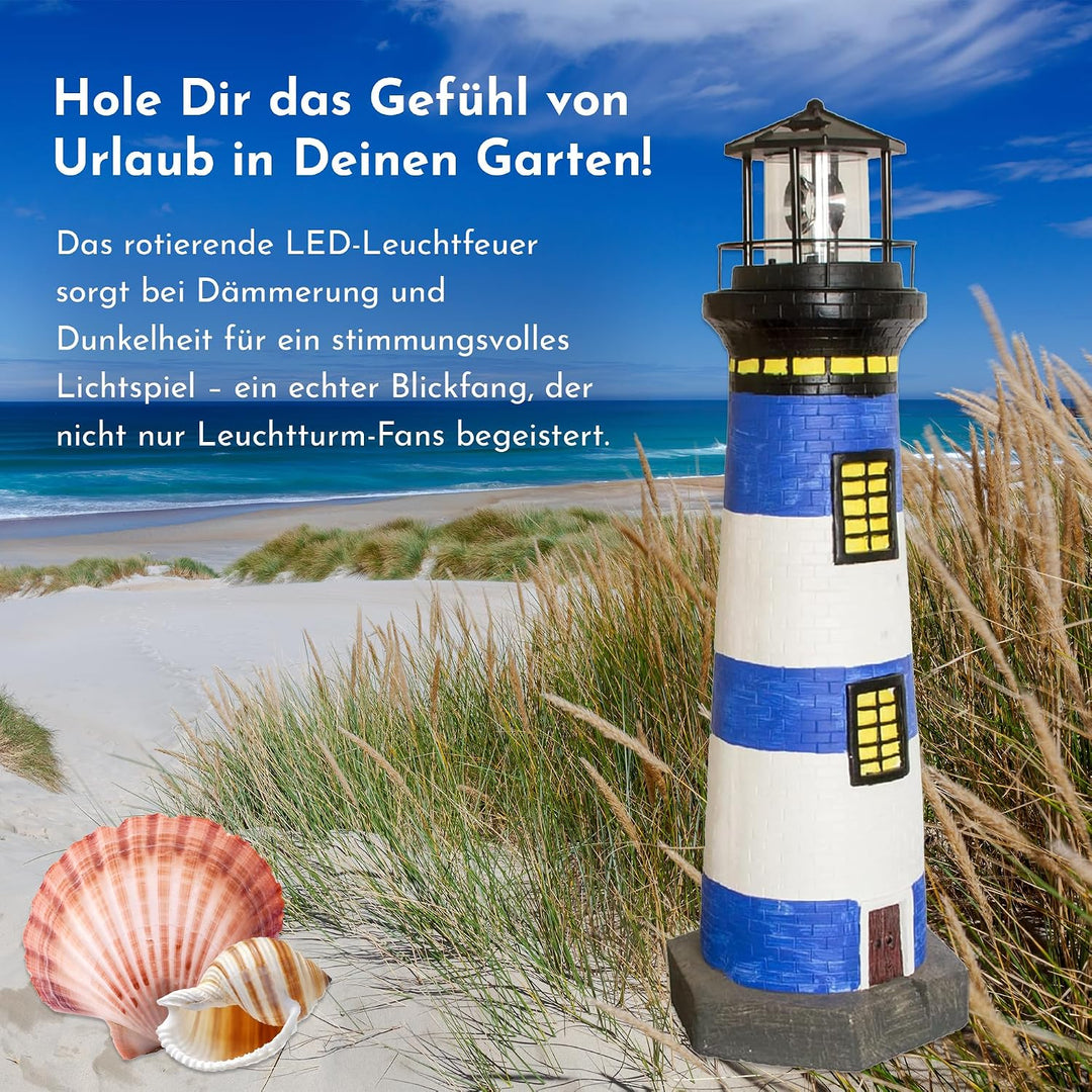 NATIV LEMODO Gartendeko Leuchtturm 83cm hoch | Handbemalte Gartenfigur mit solarbetriebenem, rotiere