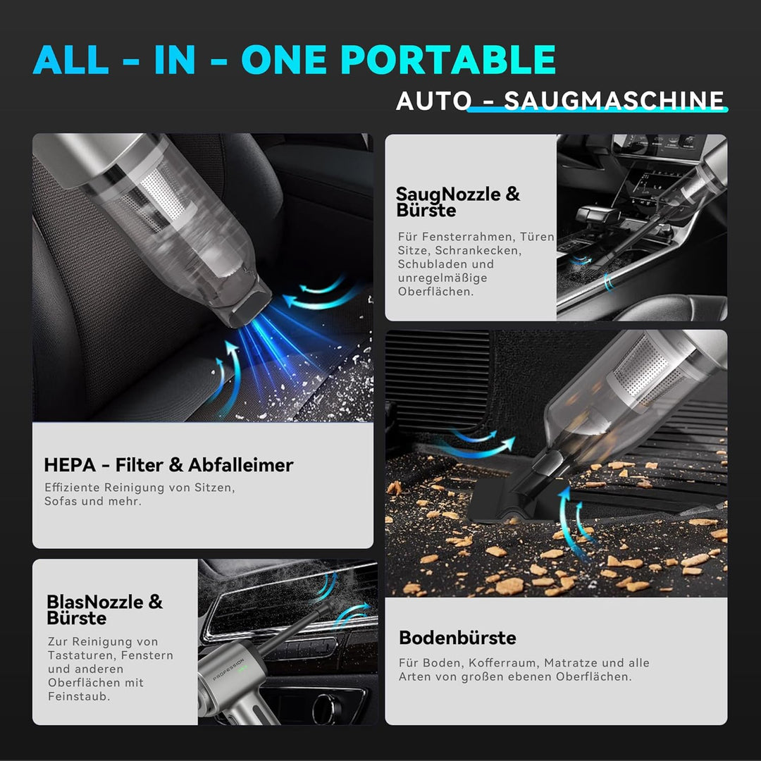 Handstaubsauger Akku Kabellos Autostaubsauger Stark 28000Pa | 4-in-1, Aufladbar, Tragbar, Bürstenlos