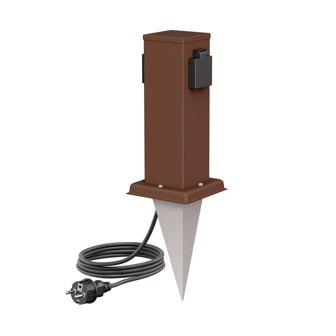 ledscom.de Garten-Steckdosen-Säule Polly mit Erdspiess und 2m Kabel für aussen, IP44, 2-Fach, braun,