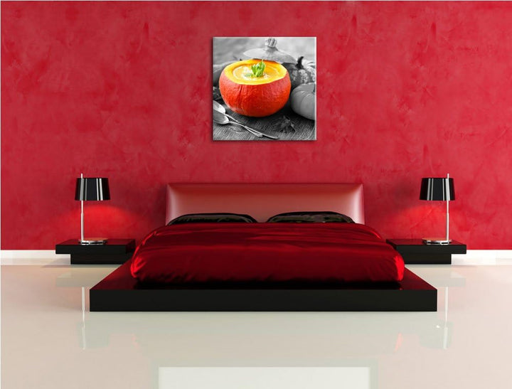 Pixxprint schmackhafte Kürbissuppe in Kürbis schwarz/weiss, Format: 70x70 auf Leinwand, 70x70