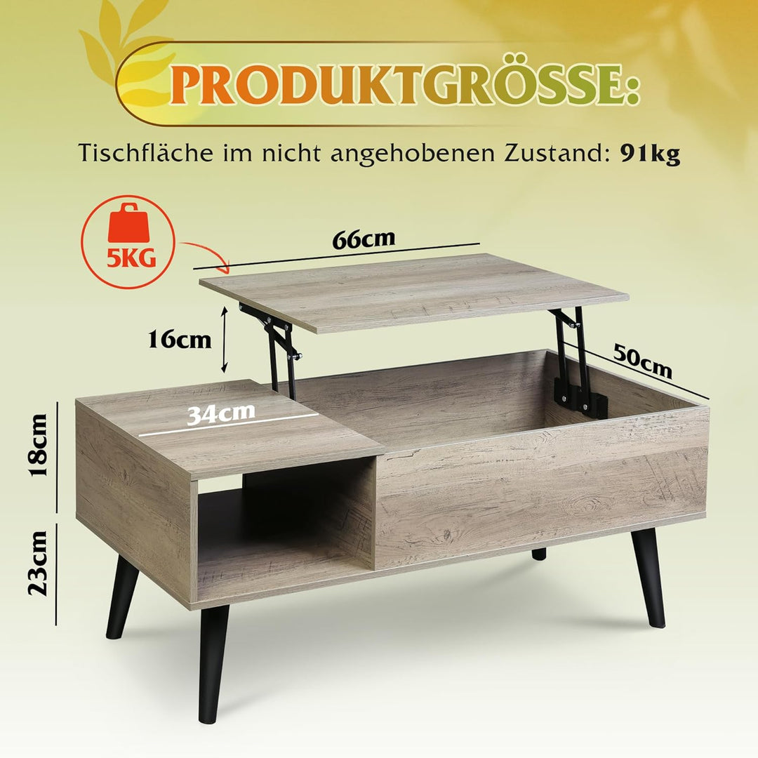 WLIVE Couchtisch Höhenverstellbar und Ausziehbar, Wohnzimmertisch mit Grossem Verstecktem Staufach,