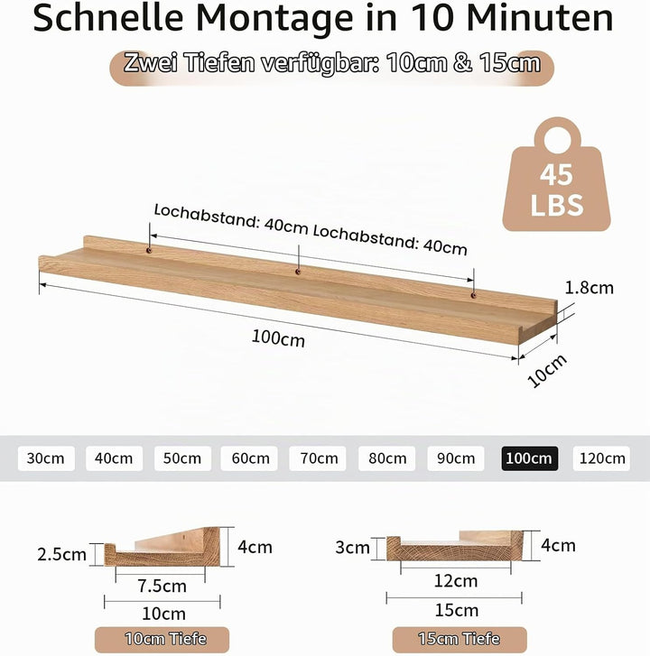Gieanoo Bilderleiste Holz,100cm Eiche Regal Massiv Schweberegal Wandregal gewürzregal regalbrett Hän
