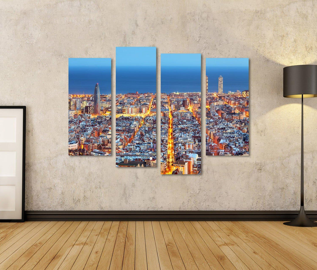 Bild auf Leinwand Barcelona Skyline Luftbild In Der Nacht Spanien Wandbild Poster Kunstdruck Bilder