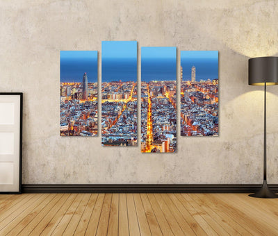 Bild auf Leinwand Barcelona Skyline Luftbild In Der Nacht Spanien Wandbild Poster Kunstdruck Bilder